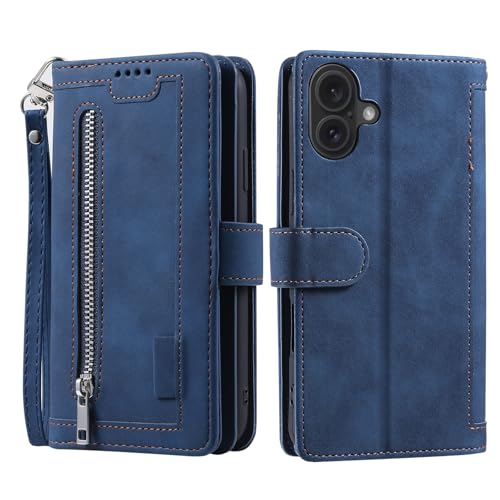 Étui en cuir bleu premium avec fentes pour cartes et support béquille chic
