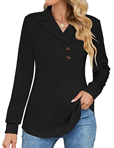 Micoson Women's Long Sleeve Button Lapel Tunic Tops V Neck Business Casual Swing Sweatshirt Pullover