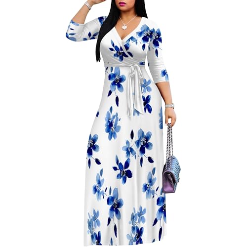 Image of Women Plus Size Long Sleeve V Neck Maxi Dress with Belt | Soft fabric relaxed fit three quarter sleeve v neck with pockets for party and daily wear