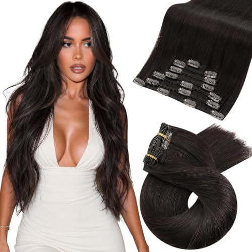 Image of Moresoo Dark Brown Clip in Hair Extensions 26 Inch, Thick Volume | Real human hair clip in extensions, 160g 7pcs, double weft straight hair for added length and daily styling