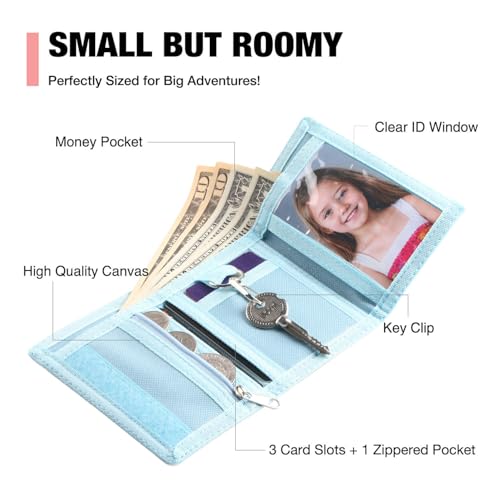 Image of Kids Wallets for Girls, Little Girls Wallet for Kids, Wallet for Teen Girls, Toddler Wallet for Girls with Magic Sticker, RFID Nylon Wallet /Canvas Wallet with Coin Pocket for Gifts, Blue Leaf