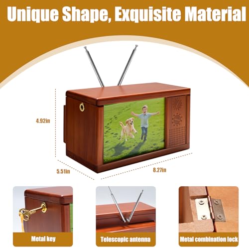 Image of Solid Wood Retro TV Model Piggy Bank | Double Currency Box with Photo Frame | Small TV Statue Home Decor | Creative Savings Model | Gift for Children Collectors