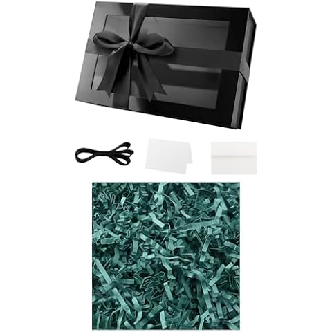 PACKQUEEN Large Black Gift Box with Window, 13.5x9x4.1 Inches Clear Gift Box for Present Contains Ribbon, Card, Crinkle Cut Paper Shred Filler, Green Shredded Paper for Gift Baskets (1 LB) Cover