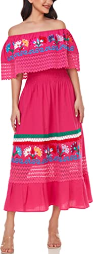 Image of YZXDORWJ Women Embroidered Mexican Peasant Casual Sexy Lace Off-Shoulder Long Dress