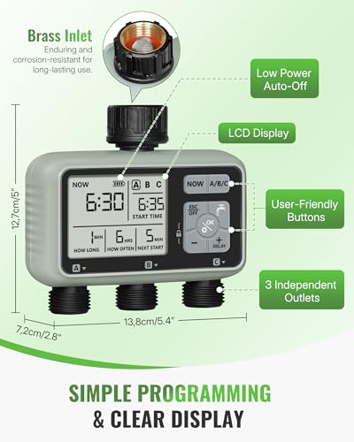 3 Zone Sprinkler Timer, Garden Hose Timer, Automatic Irrigation System, Programmable Faucet, 3 Outlets, with Rain Delay, Manual Mode,Child Lock, for Yard, Garden, Lawn Greenish Gray D13WT06