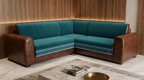 Image of Peacock Blue Velvet Sofa Mat, L Shape 3+2 | Full Cover for Seat & Back, Anti-Skid, Machine Washable