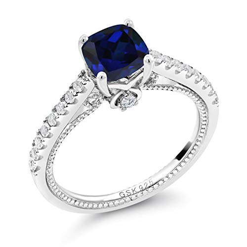Gem Stone King 6MM Cushion Gemstone Birthstone and Created Sapphire Engagement Ring For Women | 925 Sterling Silver | Wedding Anniversary Promise Ring | Available In Size 5-93