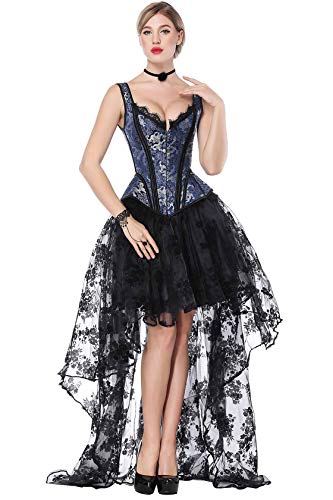 TOPMELON Women Renaissance Gothic Corset Top Embroidered Spiral Steel Boned Corset Bustier Overbust Waist Shaper (XL, Blue1)