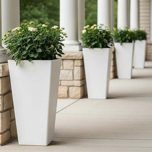 Worth Garden Large 28 in.Tall Planters Set of 2 for Indoor and Outdoor, Heavy Duty Plastic White Modern Taper Flower Plant Pots with Drainage Hole and Dual-Purpose Tray for Front Porch, Patio by Worth - Used condition - Image 2