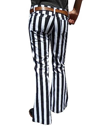Mens Black and White Striped Bell Bottoms Flares Retro Pants Trousers3
