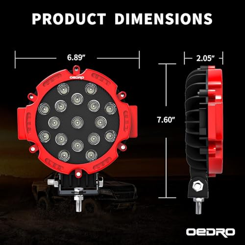 Image of OEDRO 7 Inch LED Light Pods, 51W Round Spot Light Pod 5100LM | Led Work Light for Off Road Lights Fog Bumper Roof Light Fit for Boat, SUV, Motorcycle, Truck, Hunters 2Pcs Red
