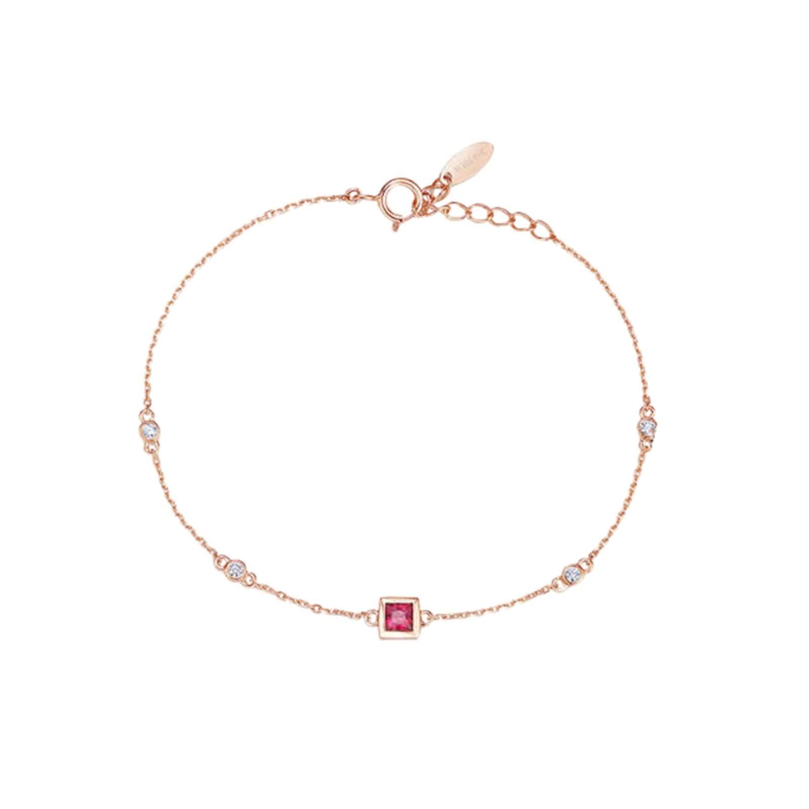 Pulseras de Oro Rosa 9K / 14K / 18K Mujer, Cuadrado con Rubí y Diamante, Cadena Extensible 16 CM + 5 CM, Pulseras Oro Rosa Ajustable Mujer