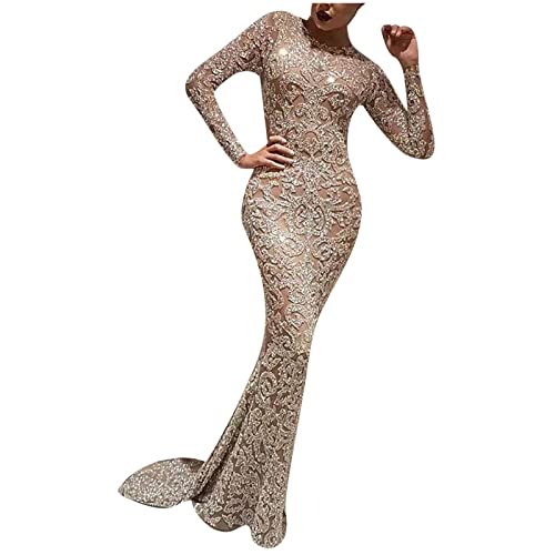 Womens Sexy Sequins Maxi Formal Dress Crew Neck Long Sleeve Slim Glitter Evening Party Dress Plus Size Shining Bodycon Dress Gold