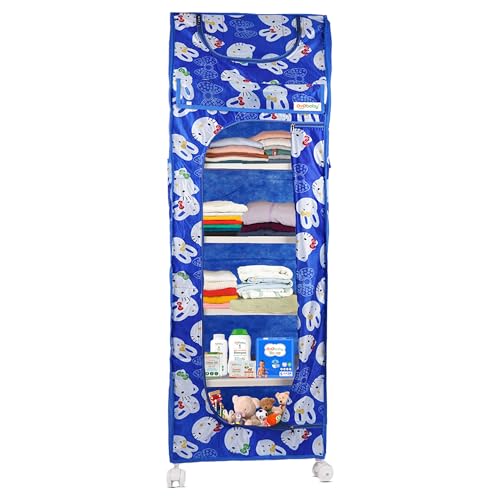 Image of OYO BABY Kids Wardrobe for Storage 6 Shelves | Heavy Duty Plastic Almirah for Baby Clothes, Toys & Books Rack | Compact Storage Organizer for Nursery /Bedroom [Cartoon Printed - Blue]