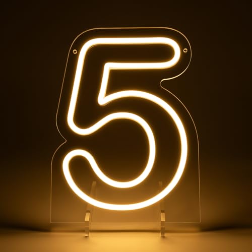 Image of Number 5 LED Neon Sign Backdrop Birthday Party Decoration, 11.3 inch Height Warm White Marquee Number Five Light Up Sign for Wedding Anniversary Window Wall Table, Indoor Battery Operated or USB