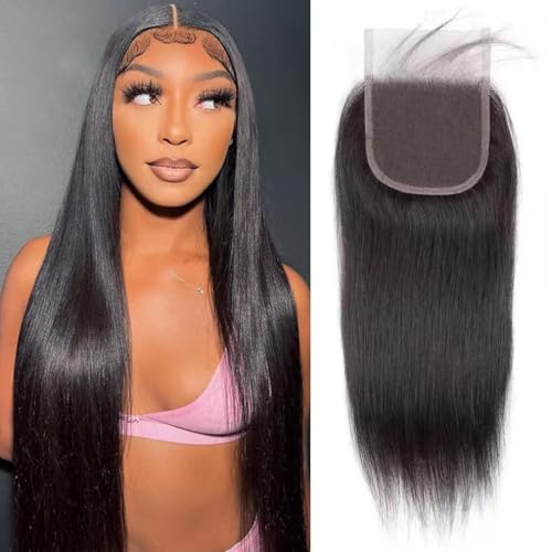 4x4 HD Lace Closure Human Hair Straight Lace Closure Pre Plucked 16 Inch Free Part 100% Brazilian Virgin Human Hair Extensions 150% Density Natural Black