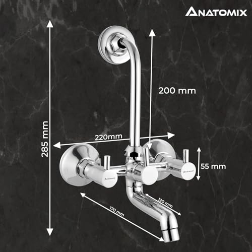 Image of ANATOMIX Oreo Brass Wall Mixer for Bathroom with Stainless Steel 125mm Long L-Bend Provision for Overhead Shower, Chrome Finish (Bath Mixer System)