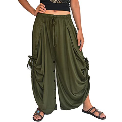 Sakoonee Women's Harem Pants Palazzo Dhoti Lounge Trousers, Convertible to a Skirt 2 Pockets Cotton, One Size, Elastic Waist Olive