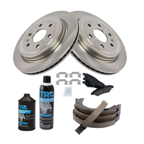 Image of TRQ Rear Brake Pad & Rotor Kit, with Chemical Kit Parking Brake Shoe Set Ceramic Compatible with 2010-2016 Cadillac SRX