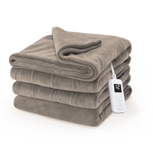 Sunbeam Electric Royal Luxe Microplush Heated Blanket, 12 Heat Settings, 12-Hour Selectable Auto Shut-Off, Fast Heating, Warm and Cozy, Mushroom Color, Full, 84