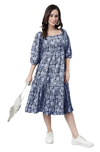 Image of Janasya Women's Cotton Floral Print Flared Dress