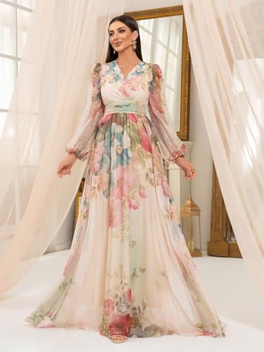 Image of TOLEEN Summer Casual Dresses for Women 2024 Spring Fashion Boho V Neck Long Sleeve Ruffle Floral Print Elegant Maxi Dress
