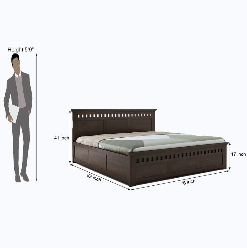 Image of STRATA FURNITURE Sheesham Wood King Size Bed with Hydraulic Storage and Headboard for Living Room Bedroom Home | Wooden Double Bed Cot Palang Furniture (Walnut Finish)