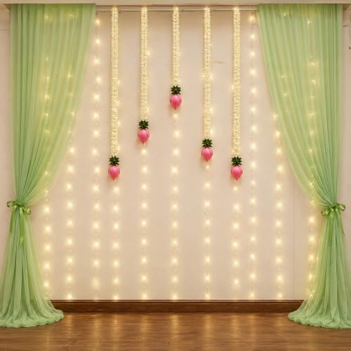 Image of SpecialYou Ganpati Decoration Setup for Home Decor Items with Green Curtains Ganpati Backdrop Decoration & Lotus Bud Hanging Wall Decor Items for Living Room, Mandir Decorations Items for Home- 11Pcs