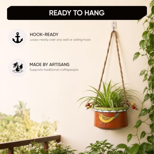 Image of AAKRITI ART CREATIONS Terracotta Hanging Planters | Handpainted, Floral Art, Sparrow Motif, Red Matte Finish | Outdoor & Indoor Home Decor Items | Room Decor Artifacts, Flower Pots for Living Room