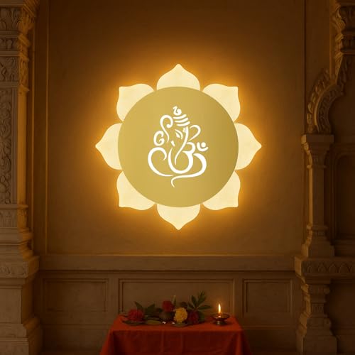 Image of Flower Ganpati LED Wall Light - Gold & Frosted Acrylic | 23cm | Warm White | Ideal for Temple, Living Room, Bedroom, Pooja Room, Mandir, Shops, Hotel (Flower - Ganesh - Gold)