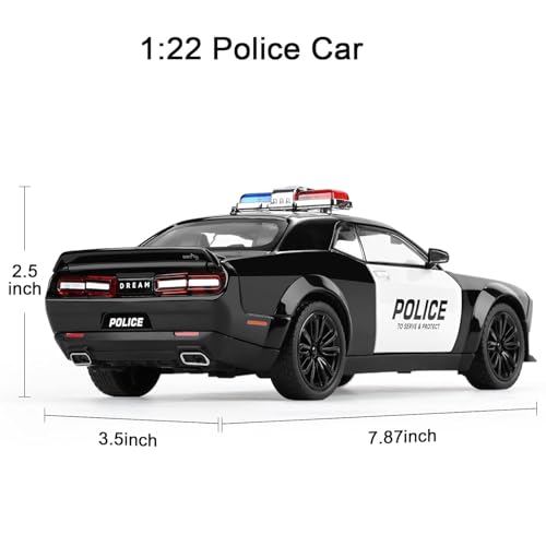 Image of 1 /24 Dodge Challenger Hellcat Model Car, Zinc Alloy Pull Back Toy car with Sound and Light for Kids Boy Girl Gift (Police Black)
