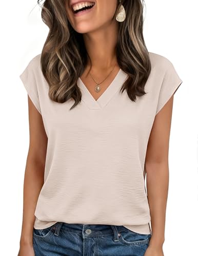 Zeagoo Business Casual Tops for Women Cap Short Sleeve Dressy Blouses V Neck Tshirts Work Shirts Apricot