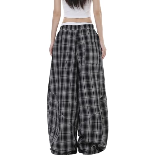 Women's Plaid Loose Wide Leg Pants Drawstring Elastic Waist Casual Baggy Trousers Trendy Y2K Streetwear with Pockets2