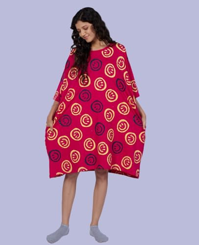 Image of LAMA STORE Women's Printed Oversized T-Shirt Dress, Cotton, 3 /4 Sleeve Length, Casual Loose Fit, Comfort Wear Extra Comfy Oversized Printed Pocket T-Shirt Dress