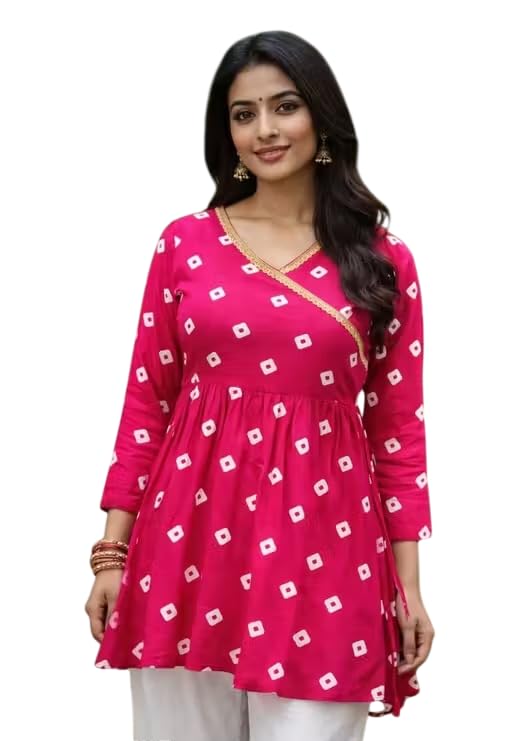 RM Women Bandhani Print Cotton Angrakha Top | Ethnic Flared Tunic with Gota Patti Work | Stylish Square-Neck Short Kurti for Jeans (Colors: Pink & Black)-image-24