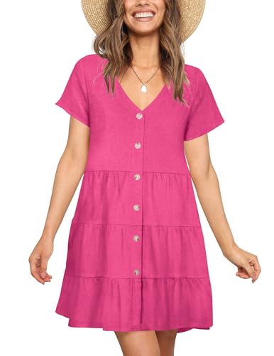 Image of Nova In Sky Women's Summer Dresses 2026 Short Sleeve V-Neck Casual Loose Swing Button Down Casual T Shirt Dresses