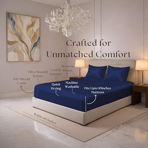 Image of Luxe Ere Elastic Fitted Satin Bedsheet Queen Size (78x60) with 2 Pillow Covers, Ultra-Smooth 300TC Silky Fabric, Perfect for Home Decor, Gifting & Romantic Escapes-Imperial Indigo