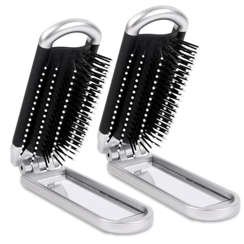 Lot de 2 Brosse à Cheveux de Voyage Avec Miroir Pliable,Mini Brosse de Voyage,Peigne de Massage Compact, pour Voyage Rencontres Salle Sport Facile À...