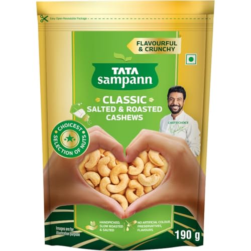 Image of Tata Sampann Classic Salted & Roasted Cashews /Kaju, Flavourful & Crunchy Snack Handpicked, Salted & Slow Roasted Cashews Rich in Protein, Magnesium, and Phosphorus, No Artificial Colours, Preservatives & Flavours, 190g