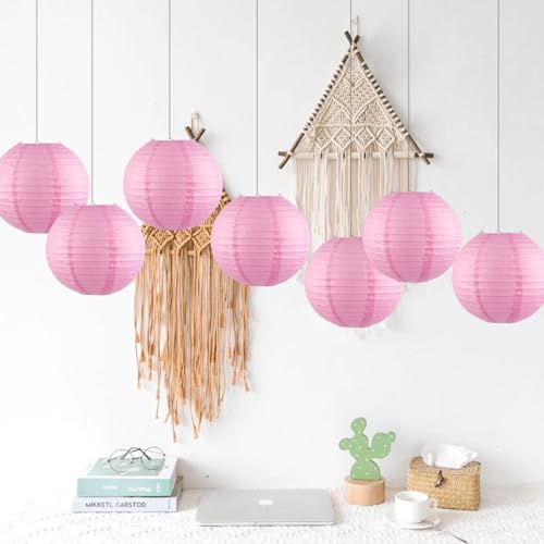 Image of Pink Chinese Paper Lanterns with LED Lights, 10-Pack 12inch | Hanging Lights for Wedding & Bridal Shower, Birthday Party Decorations, Ceiling Decor, Home Party, Baby Shower