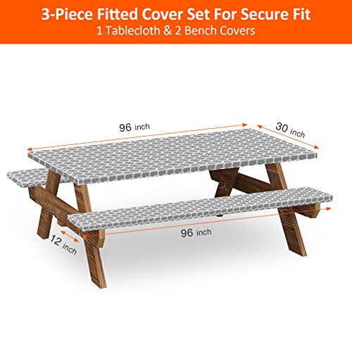 Kenobee 8Ft Picnic Table And Bench Fitted Tablecloth Cover, 96"X30" Flannel Backing Elastic Edge Waterproof Wipeable Plastic Cover Vinyl Tablecloth For Home Goods Indoor Outdoor Patio, Moroccan Gray #TOP1