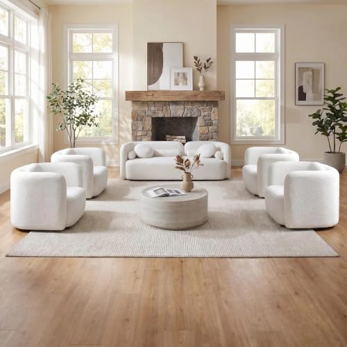 Image of 5 Piece Curved Couch Set for Living Room, Boucle Sofa Set with 1 Modern 3-Seater Sofa & 4 Accent Chairs, Deep Seat Conversation Seating Furniture for Open Concept Spaces,Home Office (White)