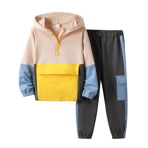 Image of Azmxynol Boys Clothes Kids Little Boy Color Block Half Zip Hoodie & Jogger Pants 2 Piece Outfit Set,4-12 Years