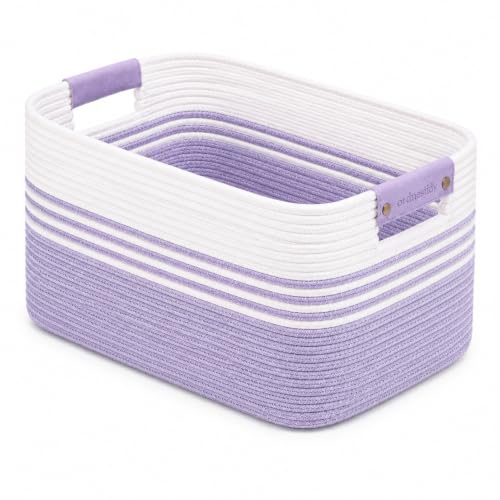 Image of 25.4GAL Collapsible Cotton Rope Extra Large Storage Basket For Bedroom Closet, Boho Rectangular Short Hamper Woven Storage Baskets for Living Room Throw Pillows Blankets Dirty Clothes, White Purple