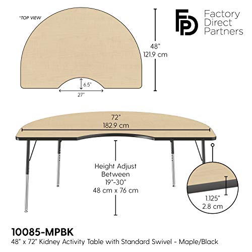 Image of FDP Kidney Activity School and Office Table (48 x 72 inch), Standard Legs with Swivel Glides for Collaborative Seating Environments, Adjustable Height 19-30 inches - Maple Top and Black Edge