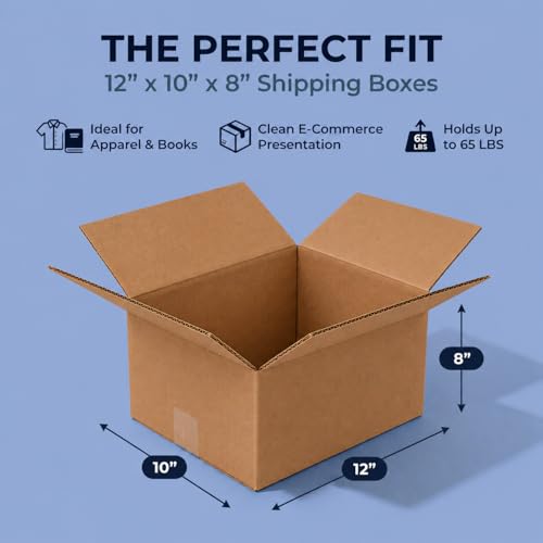 Image of BOX USA Shipping Boxes Medium 12 inchL x 10 inchW x 8 inchH 25-Pack - Corrugated Cardboard Box for Moving, Mailing, Packing, Packaging and Storage