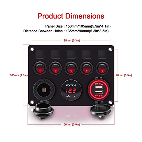Voltmètre numérique double USB intégré sur panneau 5 interrupteurs auto 12V - 5