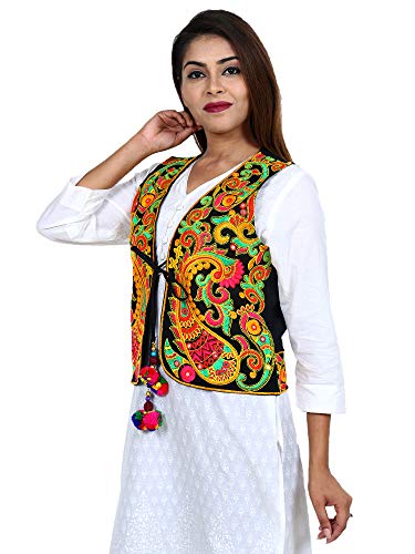 Image of Craft Trade Women's Cotton Embroidered Kutchi Jacket with Tassels Sleeveless Mirror Work