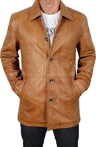 Mens Real Lambskin Leather Trench Coat - Men's 3/4 Quarter Length Vintage Motorcycle Jacket