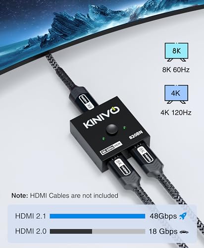 Image of Kinivo 8K HDMI Switch 2 in 1 Out - (Uni-Directional, 8K 60Hz, Ultra HD Switcher Hub, 48Gbps HDMI Hub, HDR10+ Selector, Manual Switching Only) - Compatible with HDTV, PS5 /4, Xbox, Projector